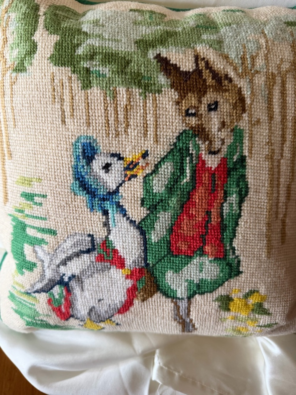 Hand-Embroidered Storybook Animal Needlepoint Pillow - Green & Red Accents